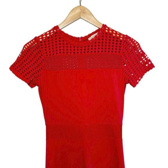 Michael Kors Short Sleeve Mesh Panel Fit and Flare Mini Dress Red Evening Party - Picture 4 of 11